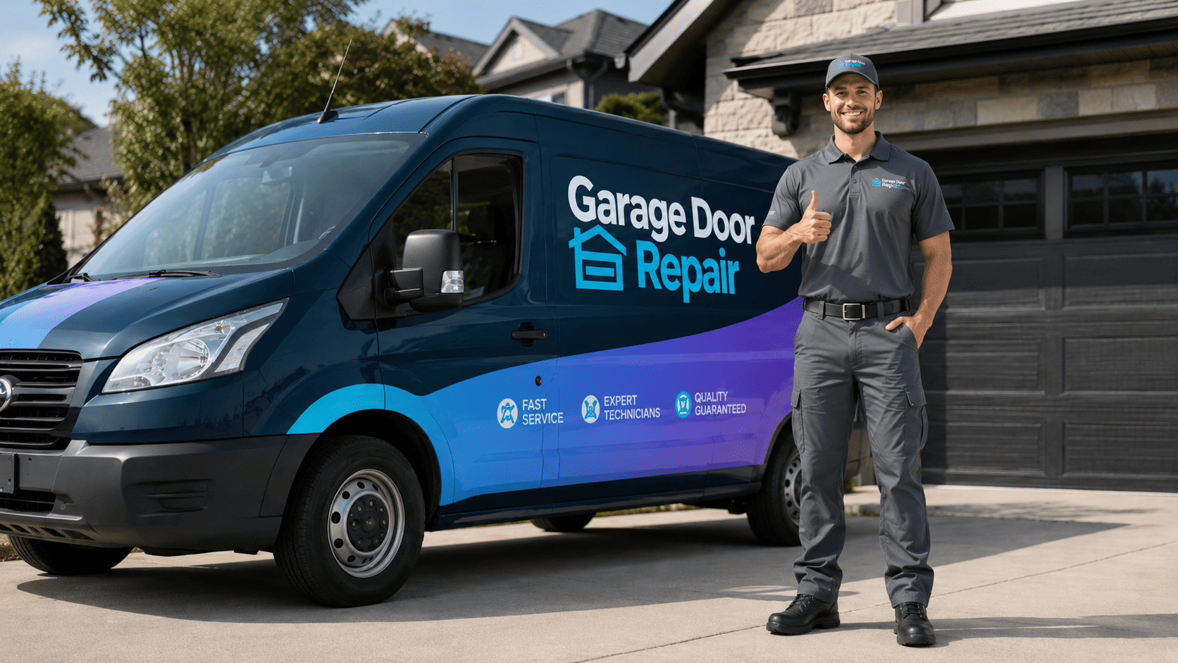 Garage door repair service van and technician